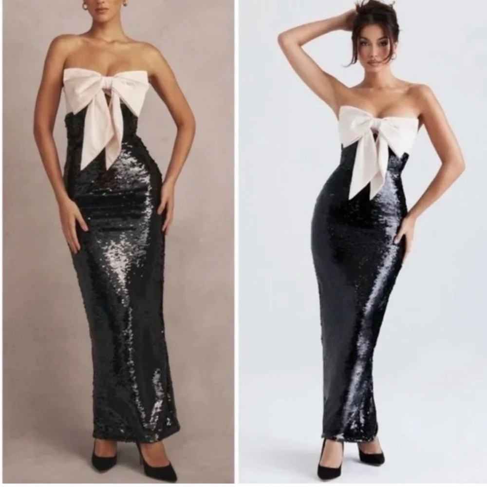 House of CB Black Sequin Strapless Dress with Cream Bow